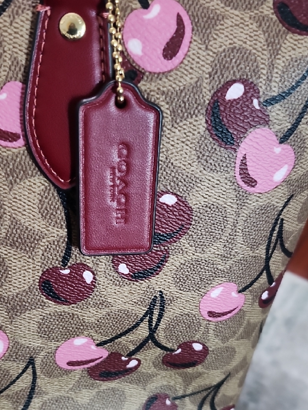 Coach Cherry-Print Signature Tote — Brown with Pink Accents NWOT - Picture 9 of 13